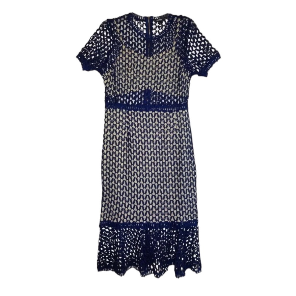 $218 Soieblu Vintage French Caged Dress Medium Navy Blue Partially Lined in Nude